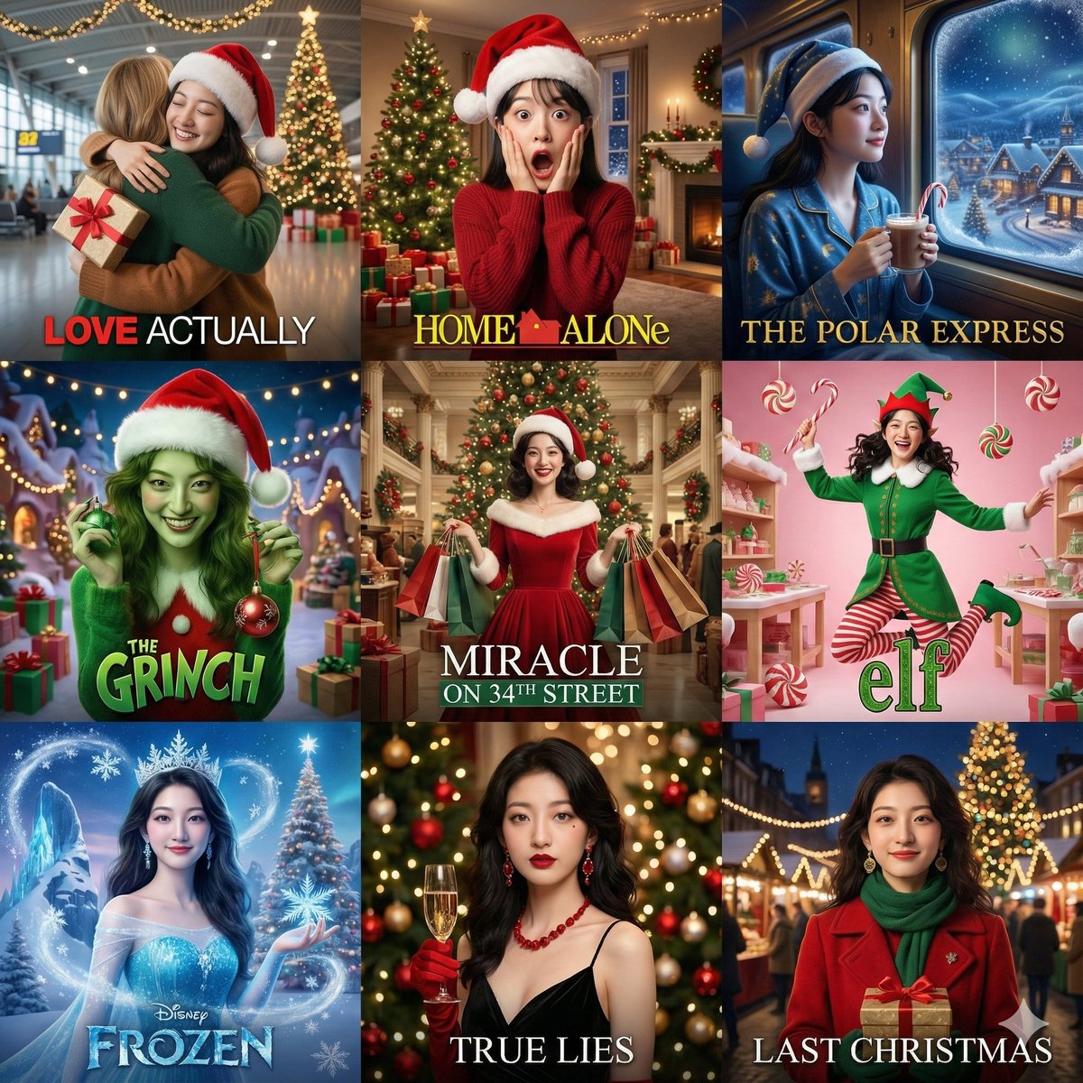 9-Panel Christmas Movie Scene Collage Prompt AI image template preview