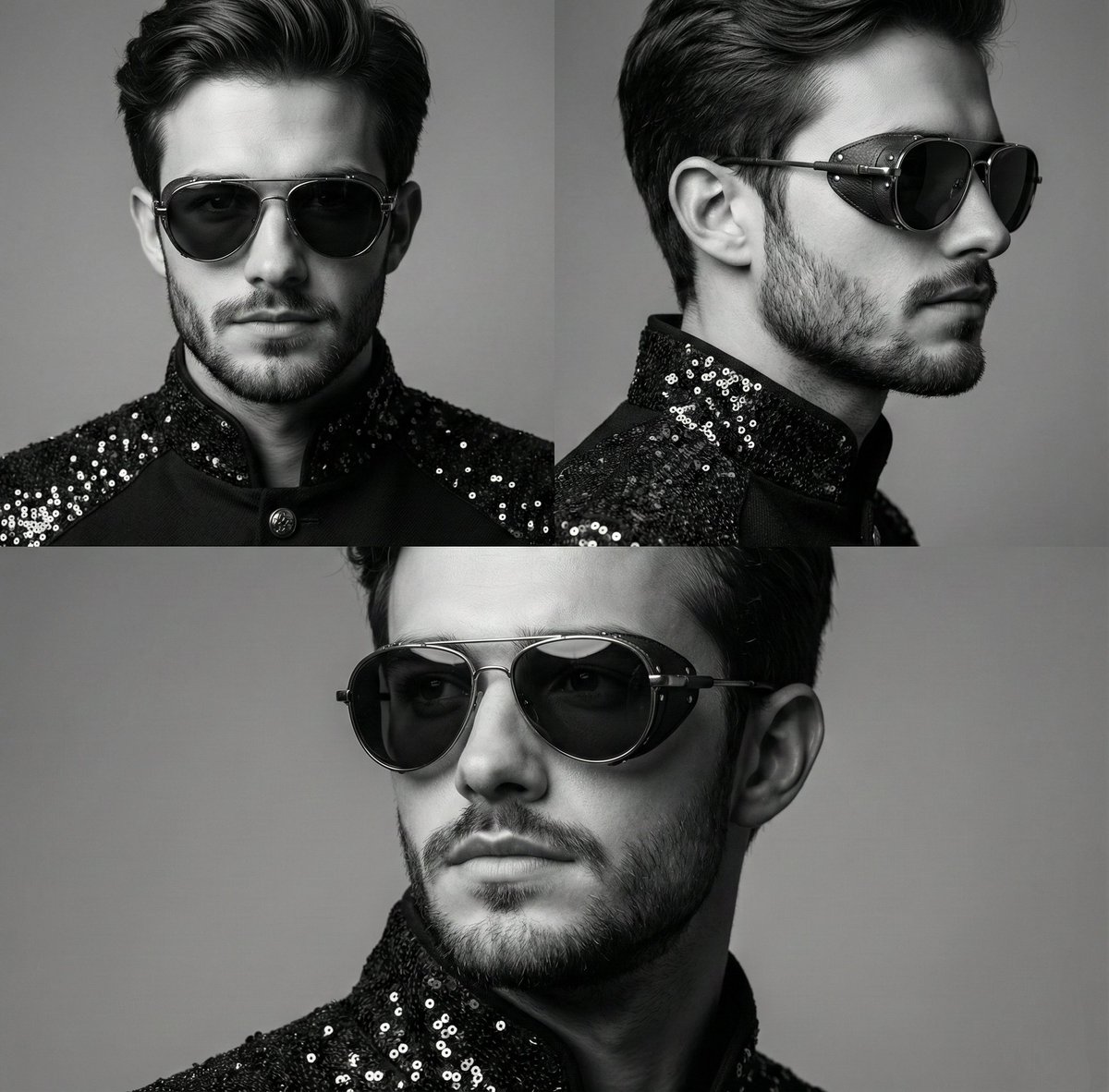 High-Contrast Monochrome Triptych Portrait with Steampunk Sunglasses AI image template preview