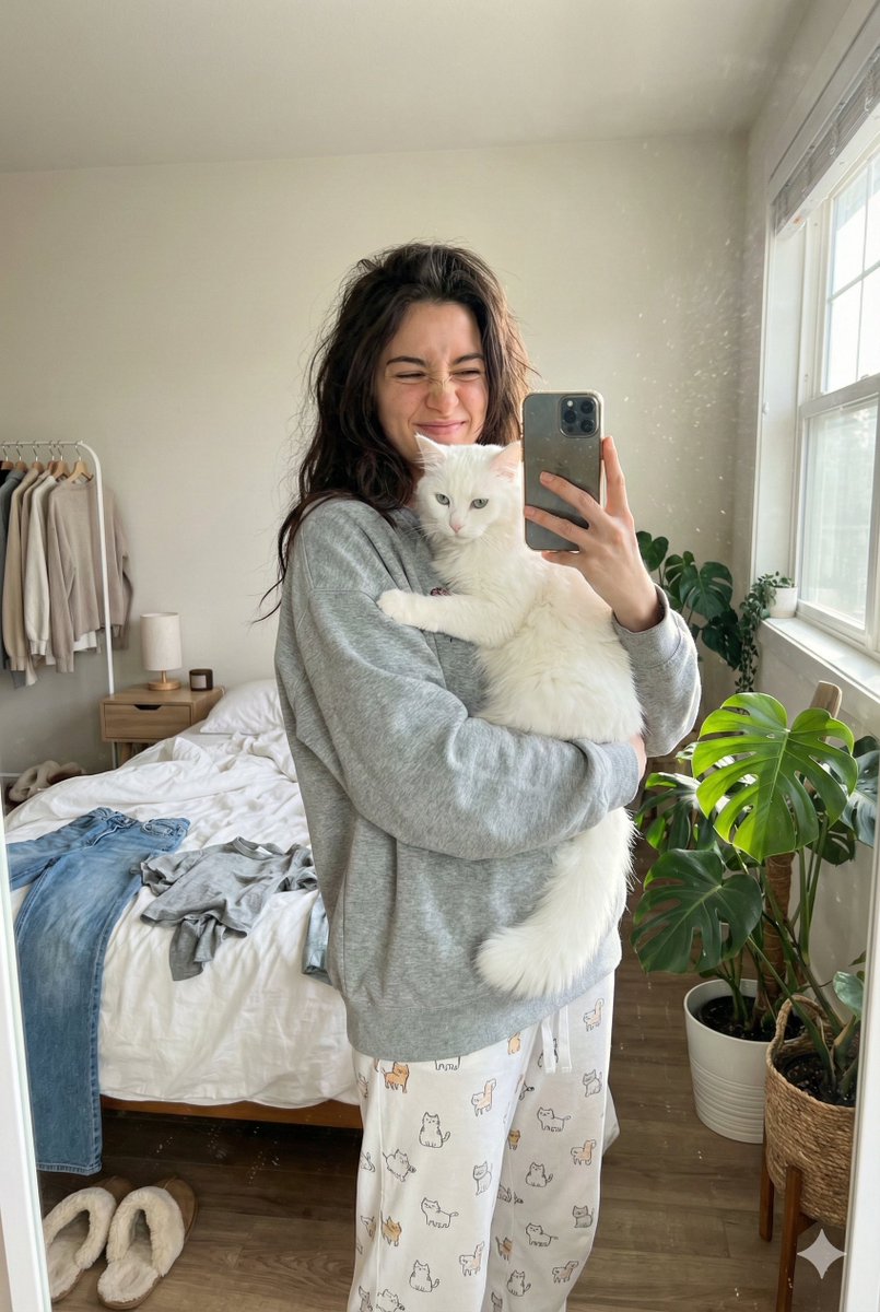Candid Mirror Selfie with a Fluffy Cat AI image template preview