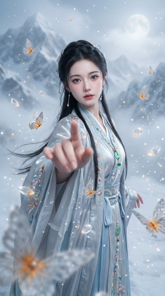 Chinese Xianxia Fantasy Portrait with Cold Tones and Magic Effects AI image template preview