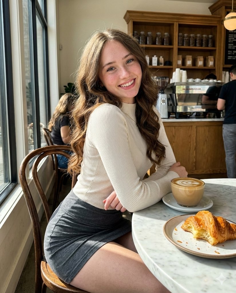 High-Fidelity Candid Café Portrait with Sharp Focus AI image template preview