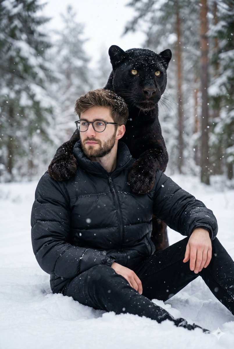 Hyper-realistic 8K image of a man and a black panther in a snowy forest AI image template preview
