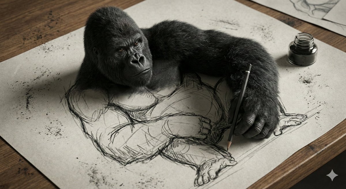 3D Gorilla Emerging from 2D Charcoal Sketch AI image template preview