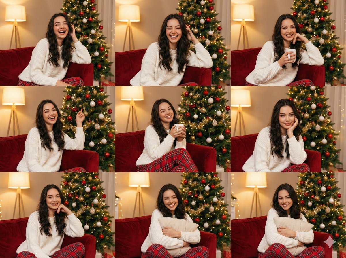 3x3 Christmas Collage of a Woman on a Couch AI image template preview
