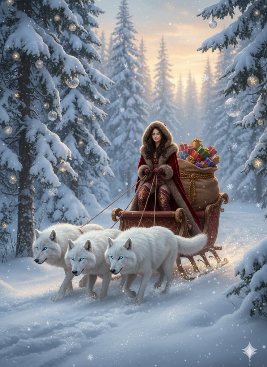 Fantasy Christmas Sleigh Pulled by Wolves AI image template preview