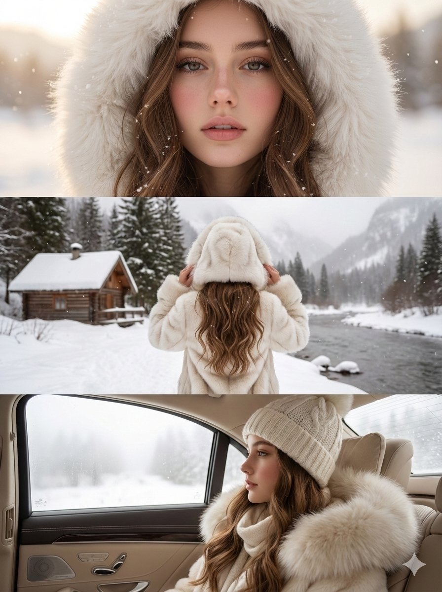 High-Quality Vertical Collage of a Young Woman in Luxury Winter Style AI image template preview