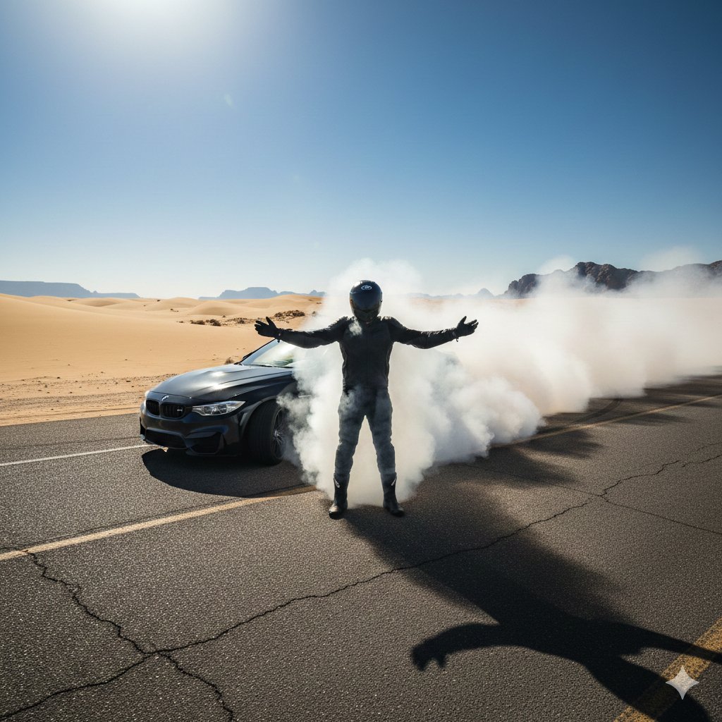 Cinematic Desert Drifting Scene with Batman-like Figure AI image template preview