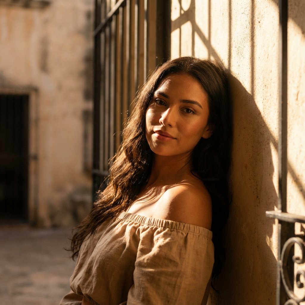Cinematic Latina Portrait with Volumetric Light AI image template preview