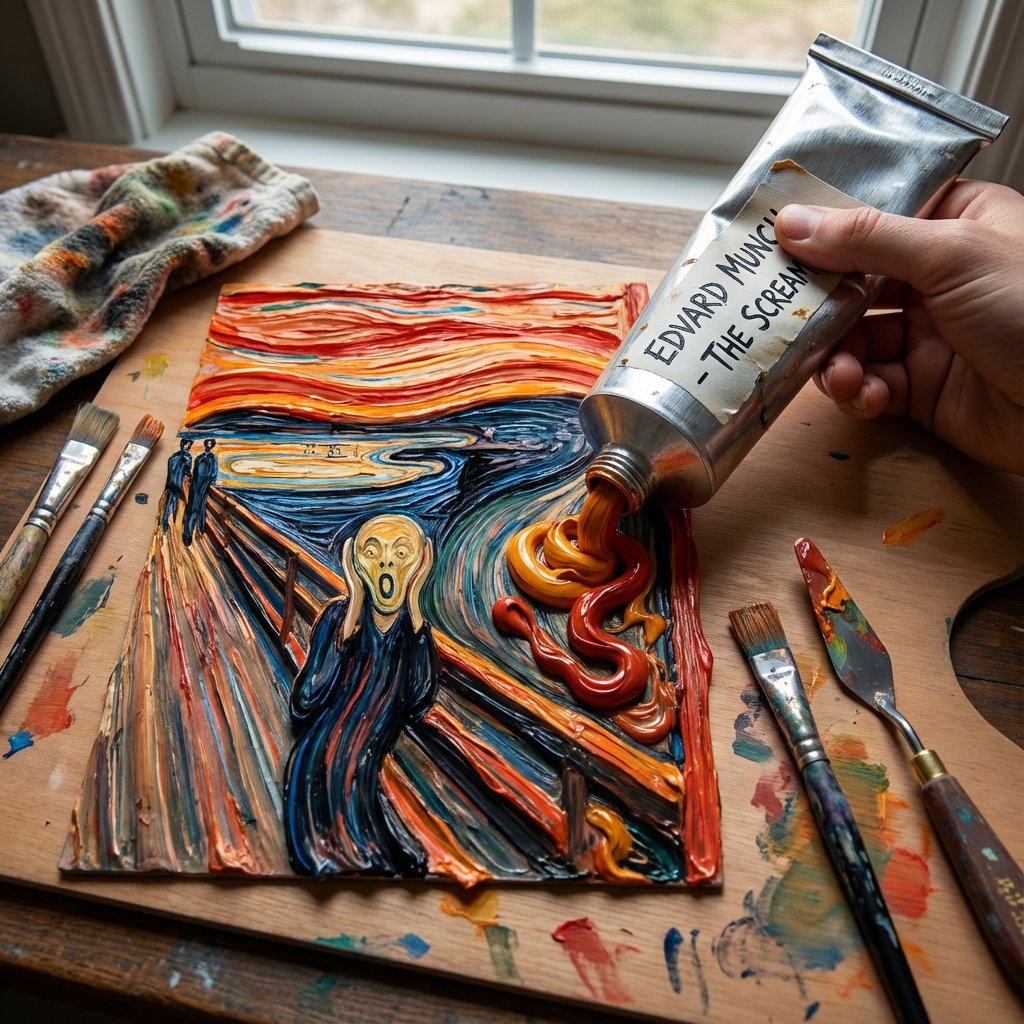 Paint Tube Squeeze: Famous Asian Painting in 3D Relief AI image template preview