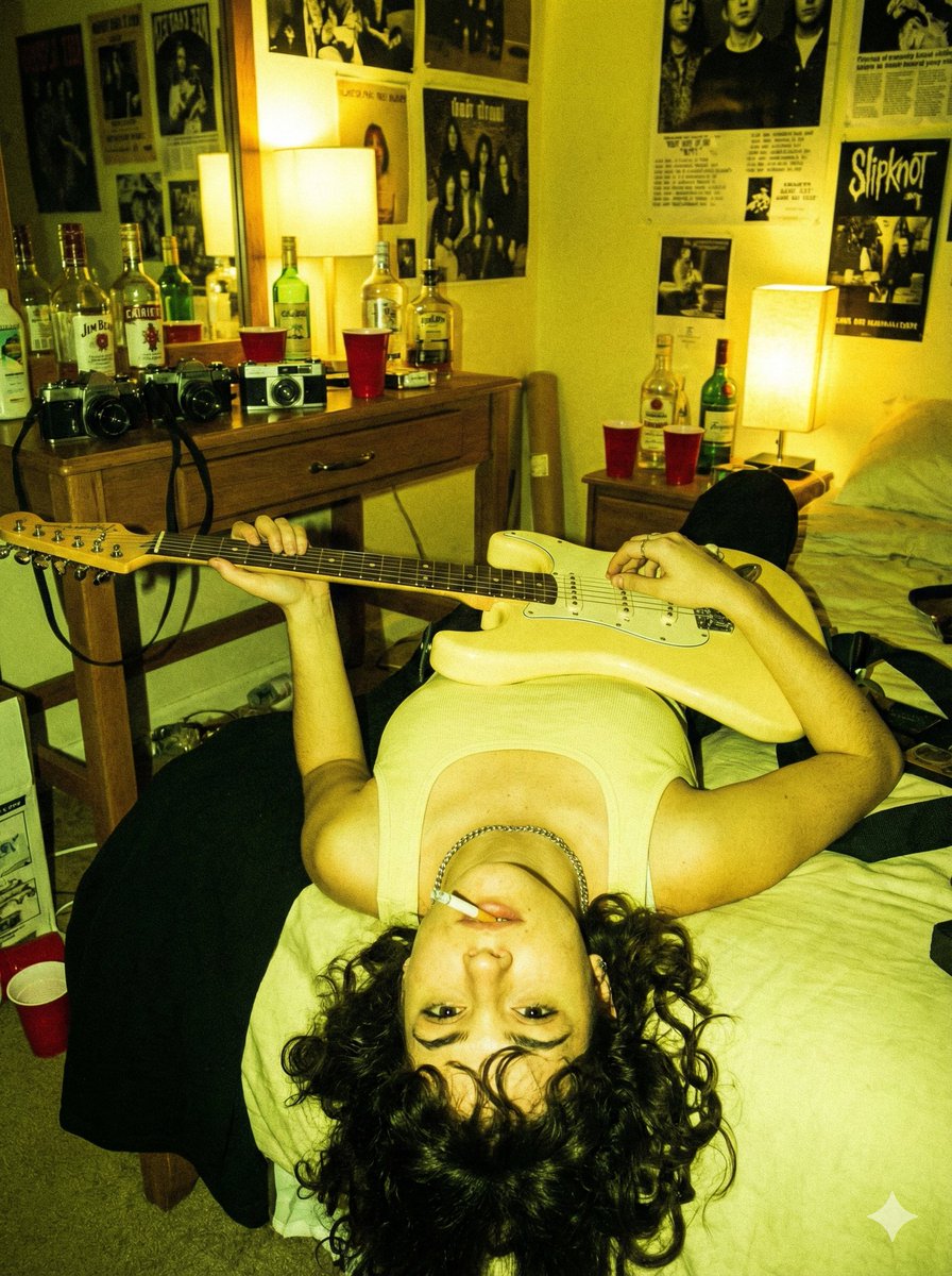 Indie Sleaze Flash Snapshot: Inverted Guitar Pose AI image template preview