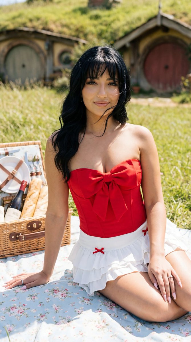 Photoreal Picnic Portrait near Hobbit Cottages AI image template preview