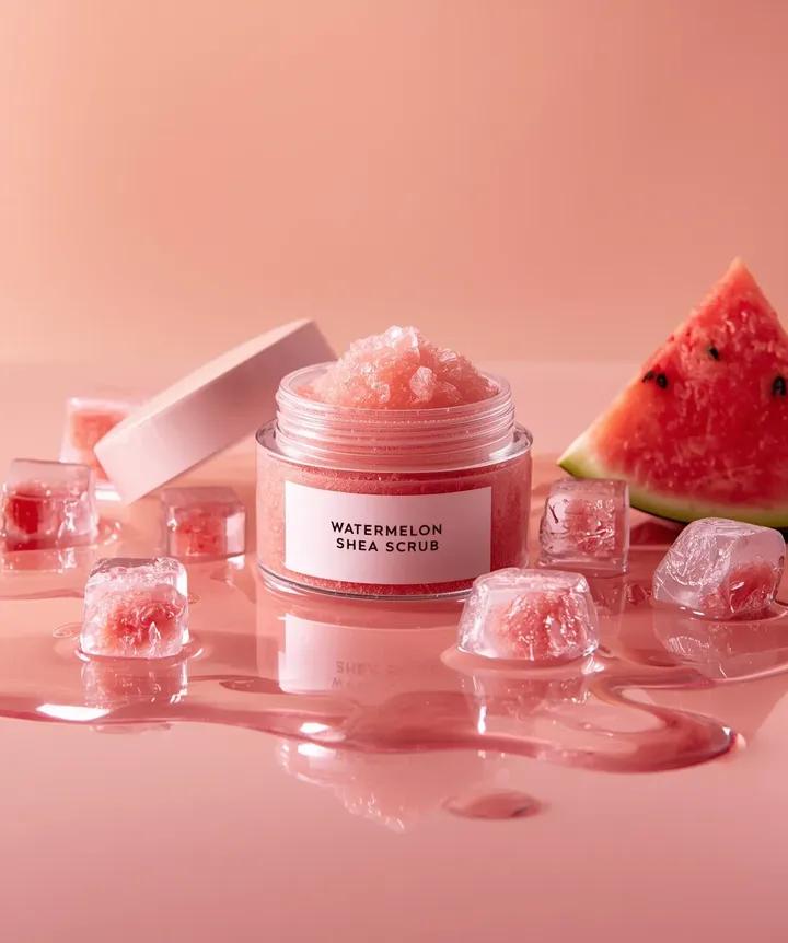 Hyper-photorealistic cosmetic skincare jar product shot with watermelon and ice cubes AI image template preview