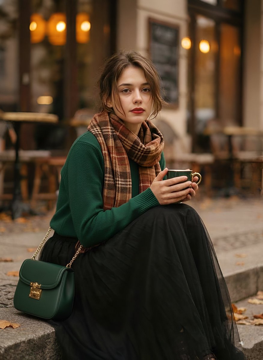 1970s Aesthetic Fashion Portrait with Coffee Cup AI image template preview