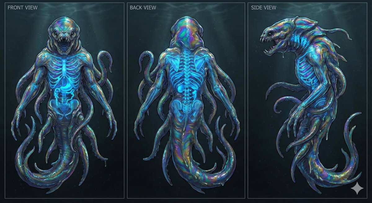 Character Sheet for Deep-Sea Creature with Bioluminescent Skeleton AI image template preview