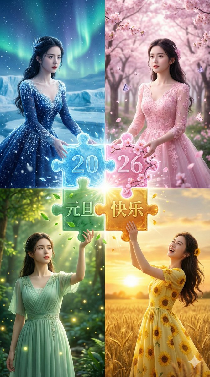 Four Seasons Puzzle for 2026 New Year Greeting AI image template preview