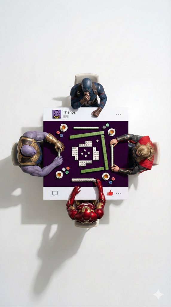 Overhead Superhero Mahjong Scene Prompt (WeChat Moments Style) AI image template preview