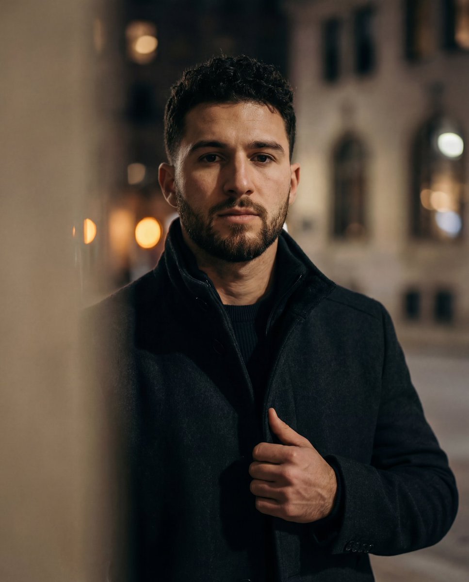 Cinematic low-key urban portrait prompt AI image template preview