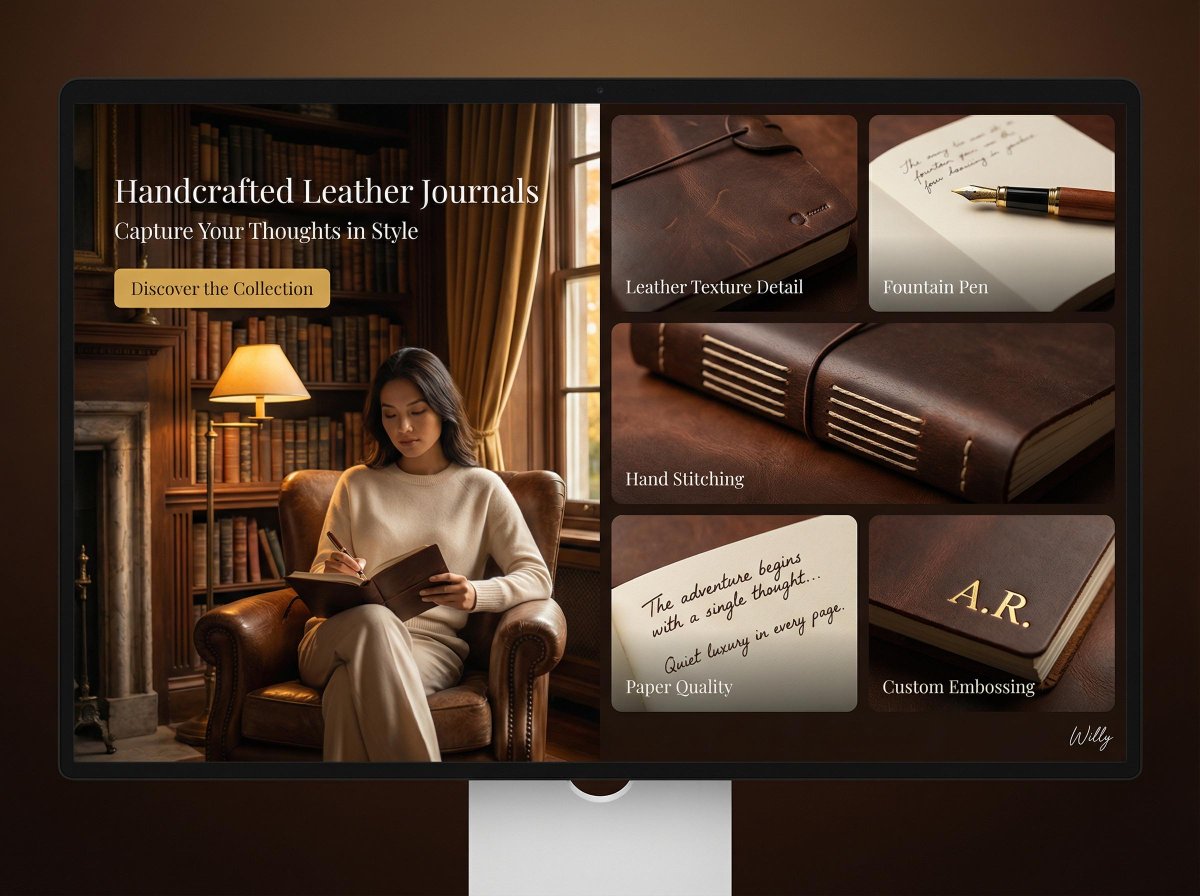 Landing Page Design for Leather Journals (Split Screen) AI image template preview