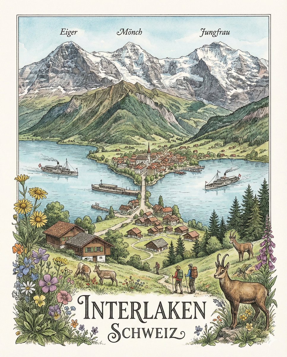 Geographically Accurate Precision Illustration of Interlaken, Switzerland AI image template preview