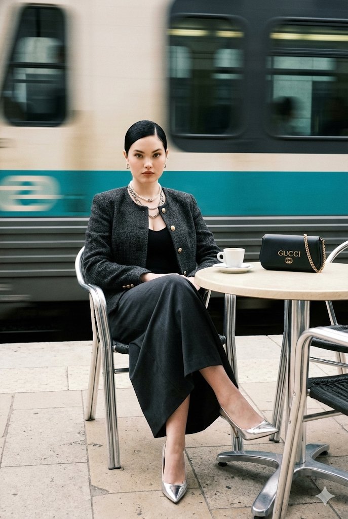 Ultra-Realistic Street-Fashion Portrait with Motion Blur AI image template preview