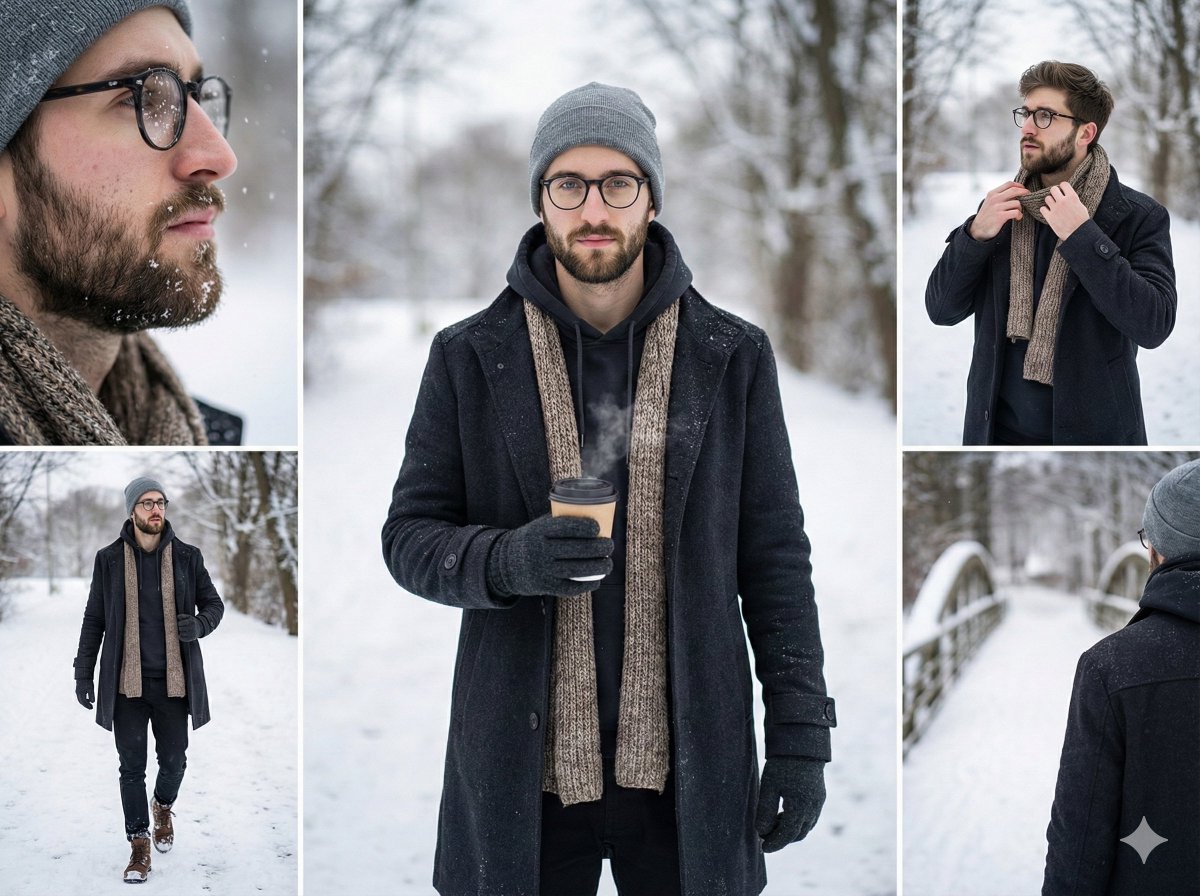 Multi-Shot Cinematic Fashion Collage in Winter AI image template preview