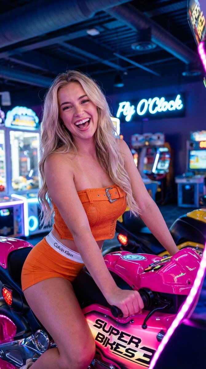 Vibrant Arcade Portrait with Orange Outfit and Neon Lights AI image template preview