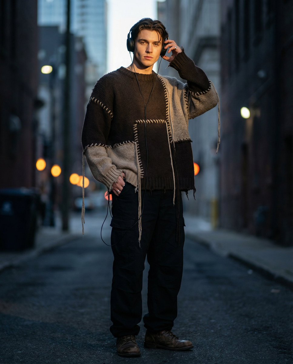 Editorial Street Fashion Portrait with Patchwork Knitwear AI image template preview