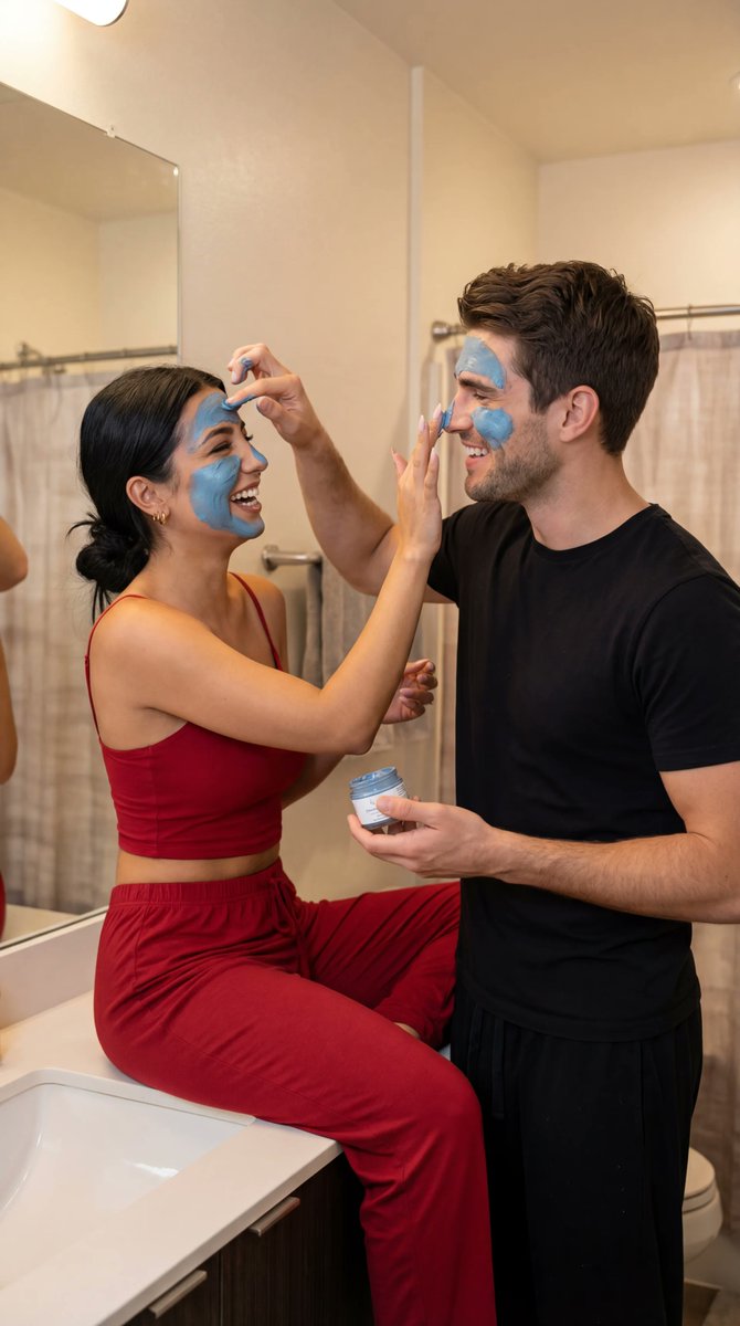 Ultra-Photoreal Candid Couple Applying Face Masks AI image template preview