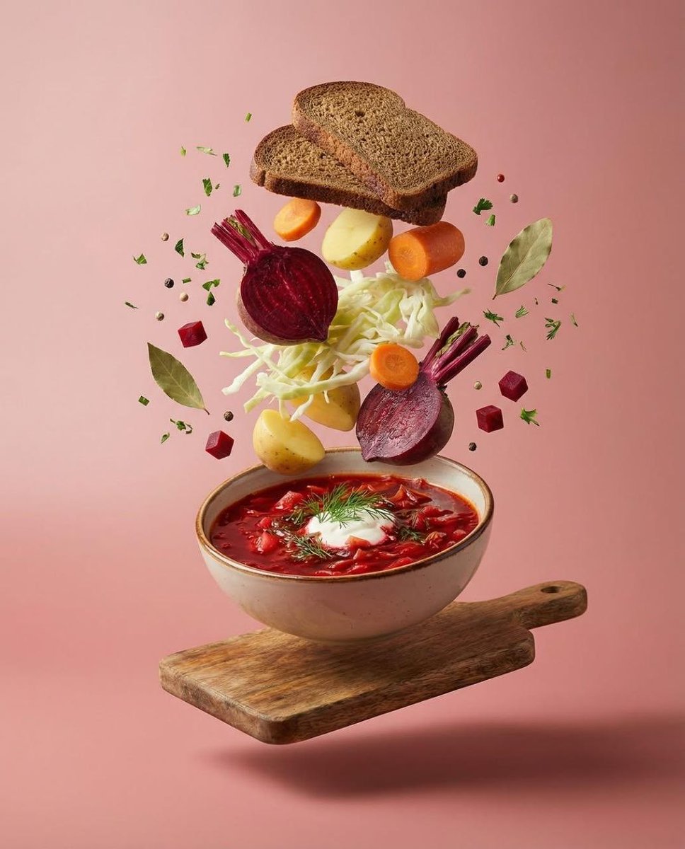 Surreal Levitation Food Photography of Traditional Beet Soup (Borscht) AI image template preview