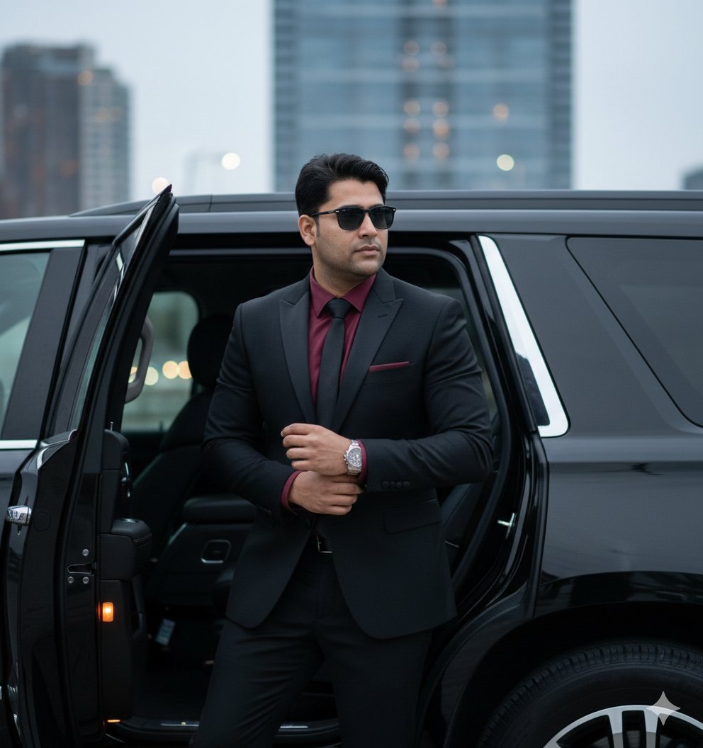 Hyper-Realistic Indian Man Exiting Luxury SUV AI image template preview