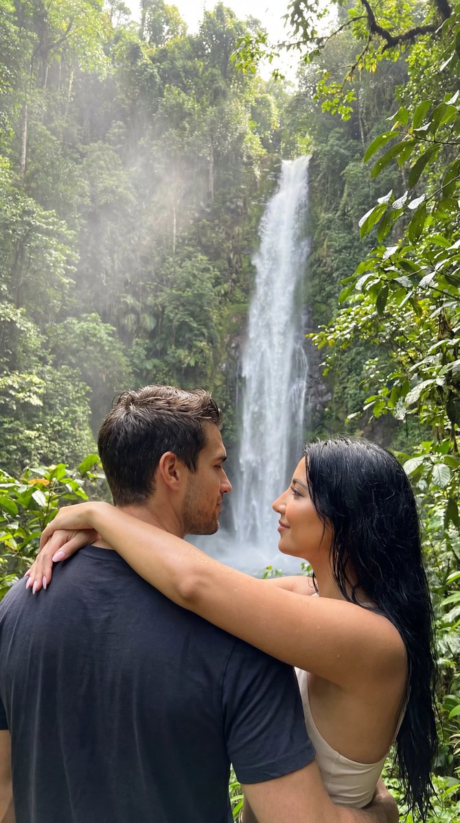 Photoreal Tropical Waterfall Embrace AI image template preview