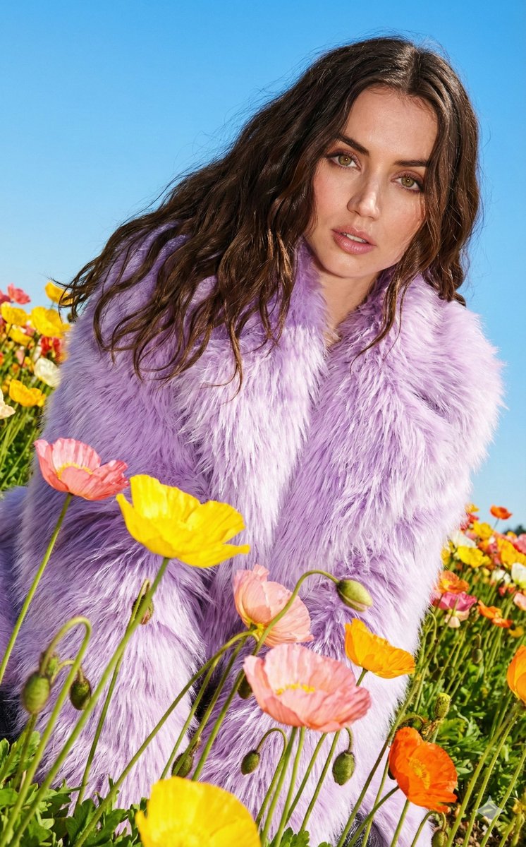 Harsh Flash Fashion Portrait in Flower Field Prompt AI image template preview
