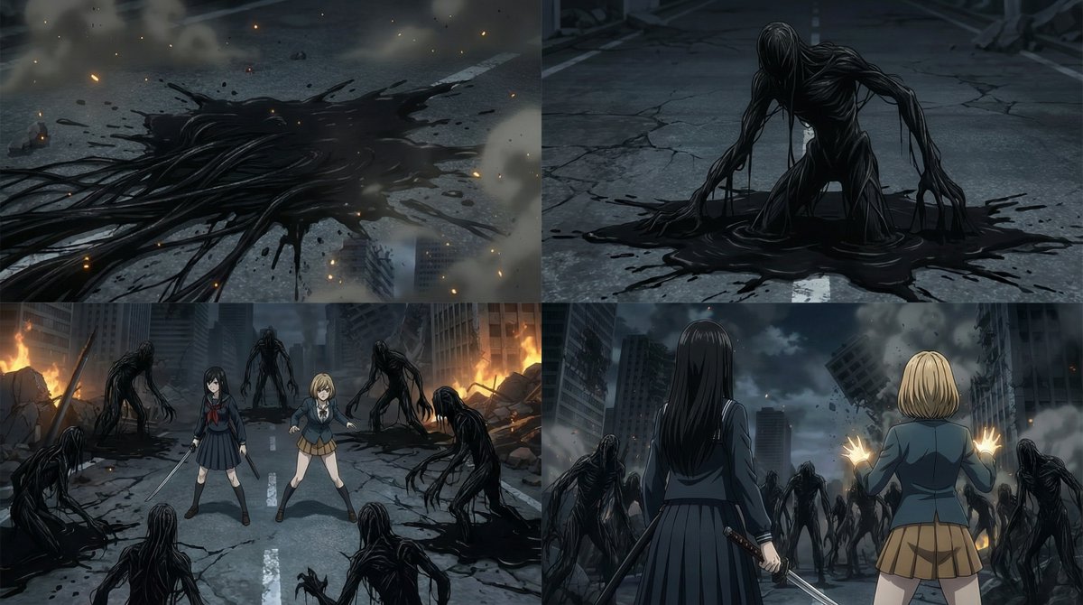 2000s OVA Style High School Girl Monster Hunt AI image template preview