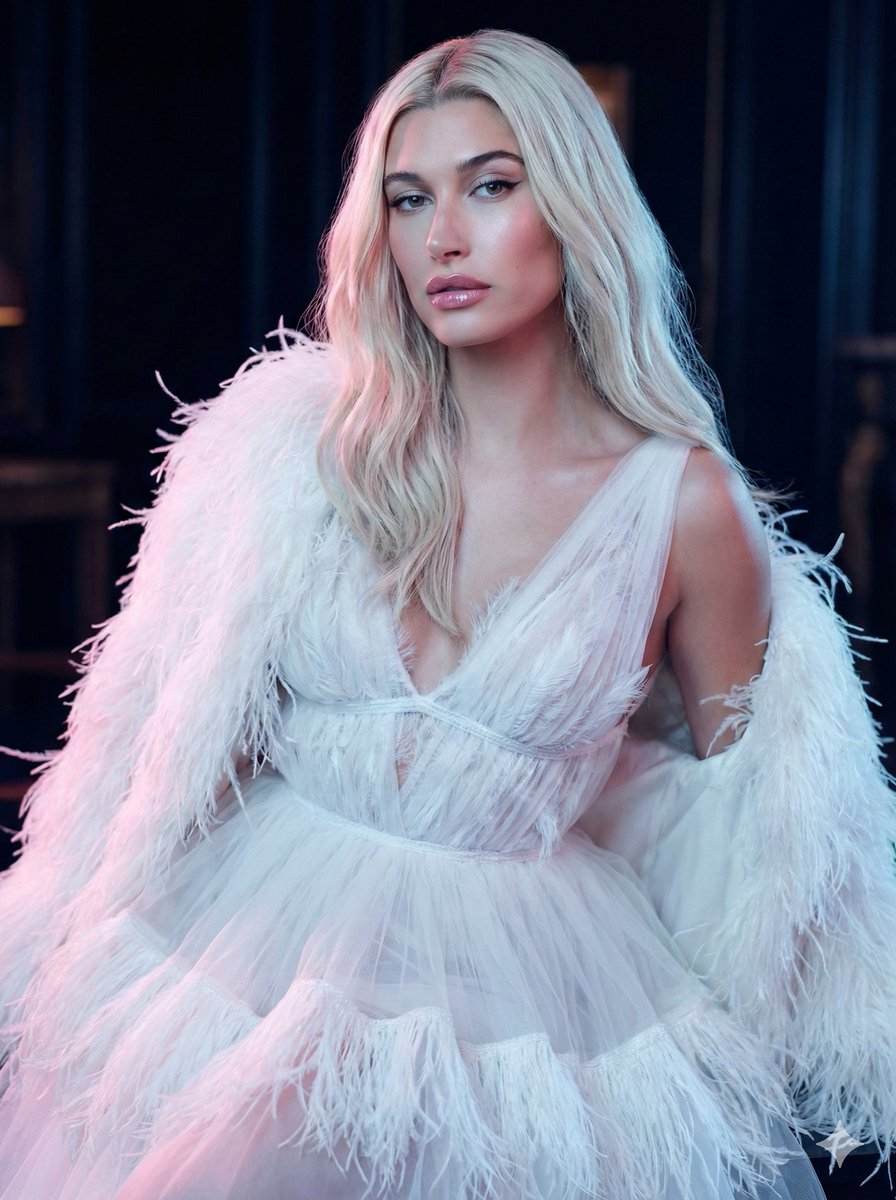 High-Fashion Feather Tulle Glamour Portrait Prompt in JSON AI image template preview