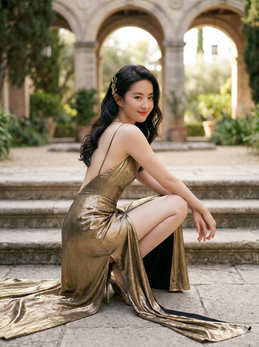 Elegant Outdoor Portrait in Gold Evening Gown AI image template preview