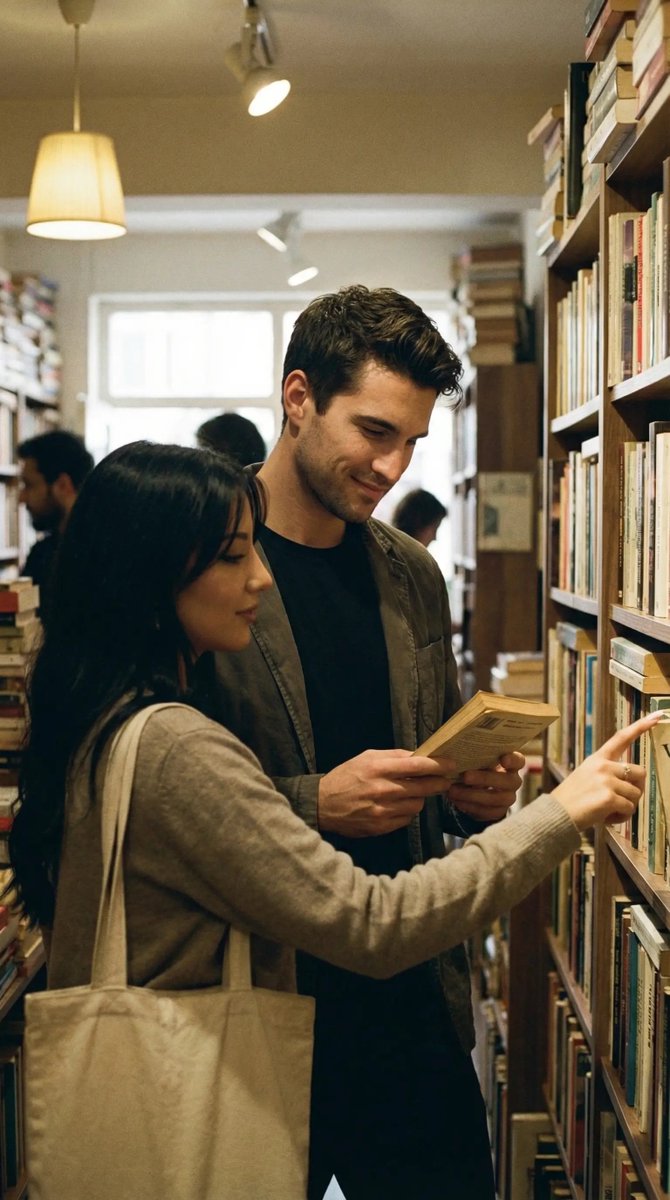 Candid Street Romance Film Still Prompt (Bookshop) AI image template preview