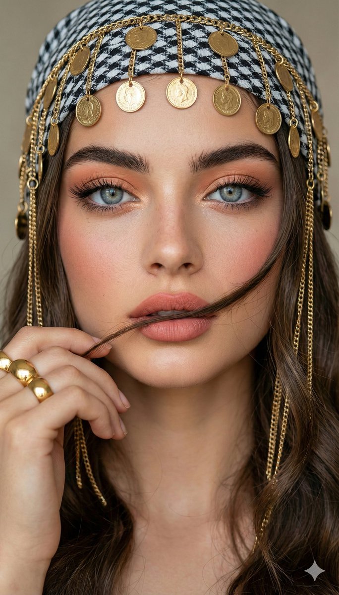 Close-up Portrait with Headscarf and Jewelry Prompt (Image Reference) AI image template preview