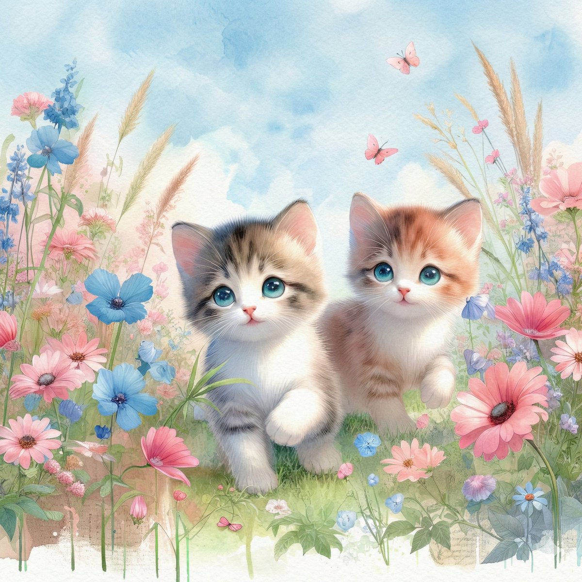 Watercolor Illustration of Kittens in a Garden AI image template preview