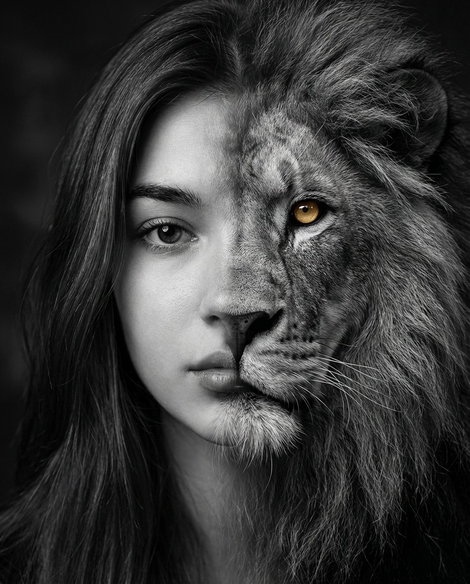 Cinematic Human-Lion Fusion Portrait AI image template preview