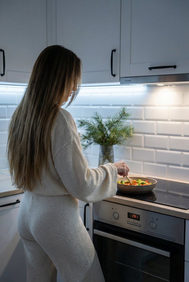 Candid Shot of Woman Cooking in Modern Kitchen AI image template preview