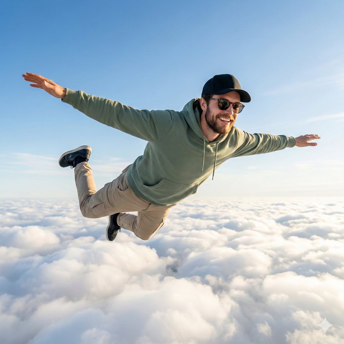 High-Quality Photo of Man Flying Above Clouds AI image template preview