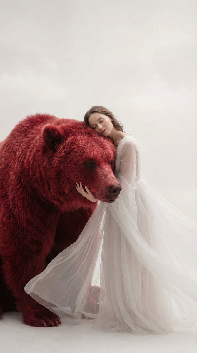 Surreal Scene of Human Embracing Massive Red Bear Prompt AI image template preview