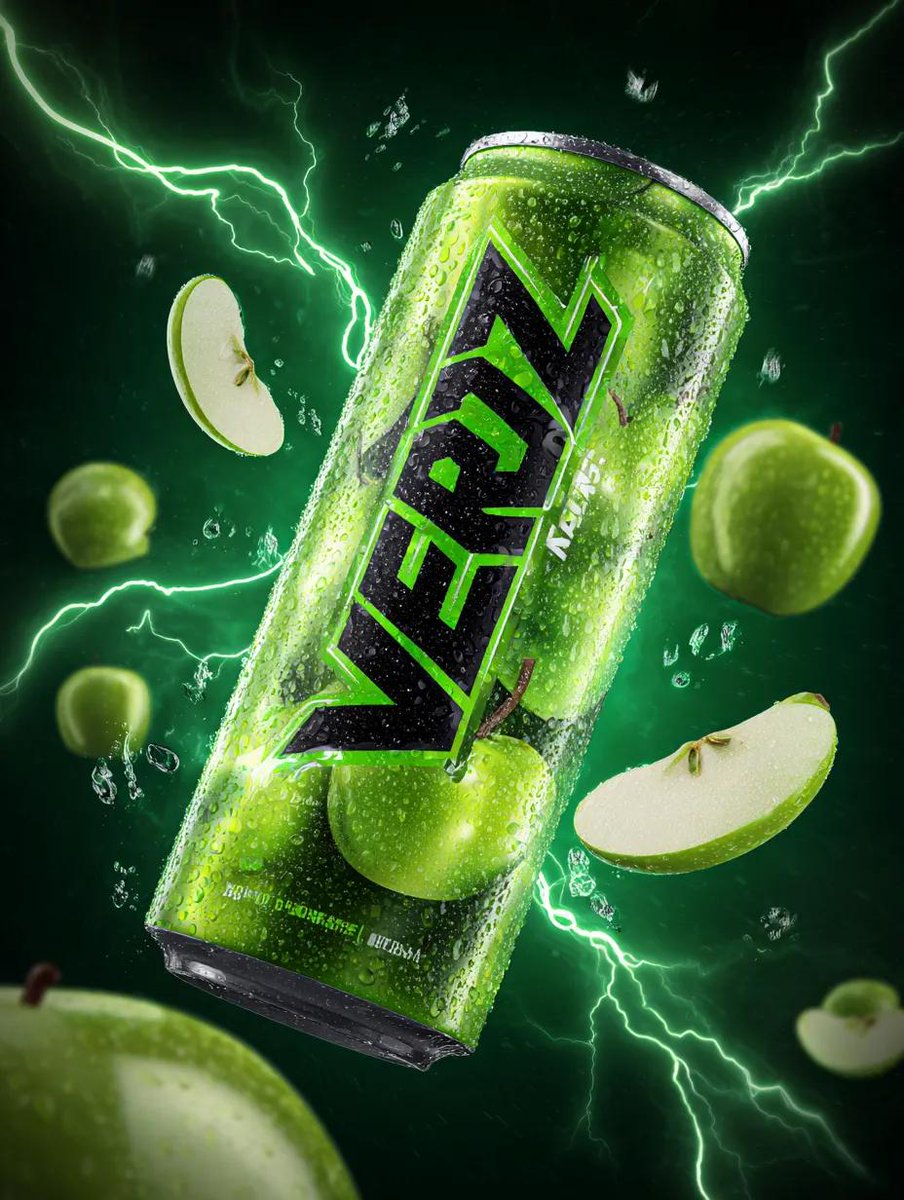 Energy Drink Can with Green Apple Splash and Neon Lightning AI image template preview