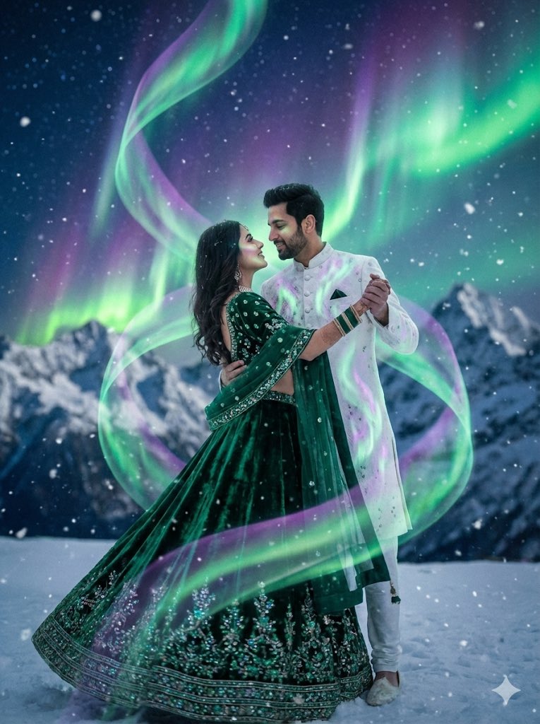 Dreamy Surreal Pre-Wedding Dance under Aurora Borealis AI image template preview