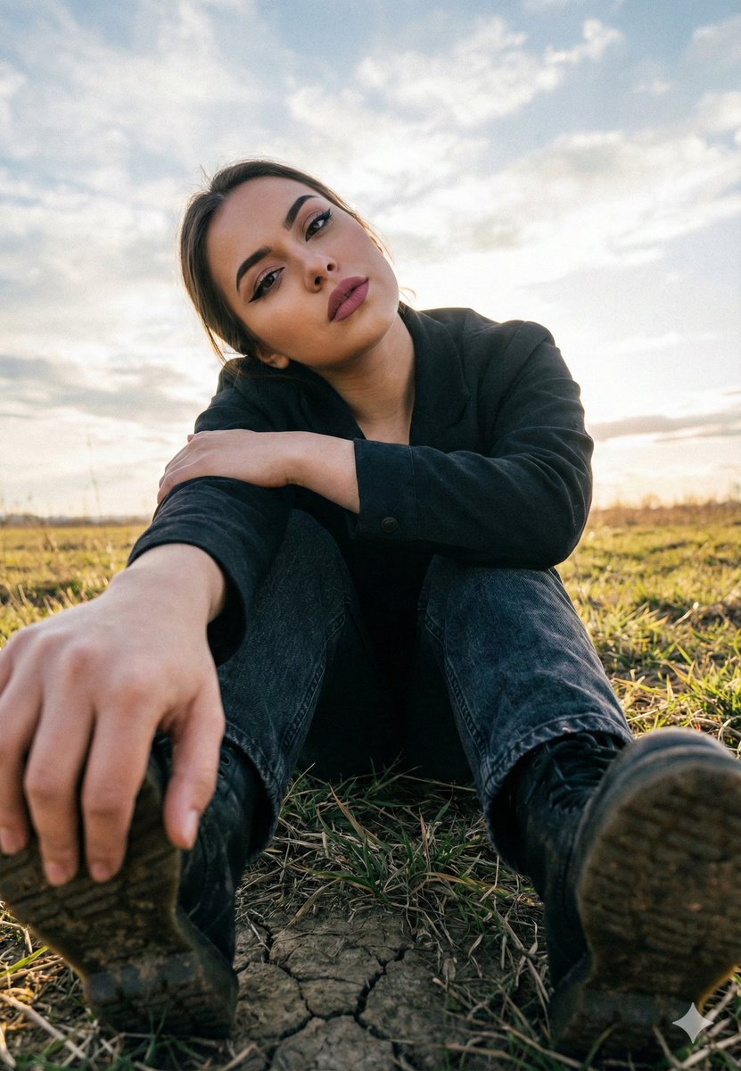 Cinematic Low Angle Portrait in a Dry Field AI image template preview