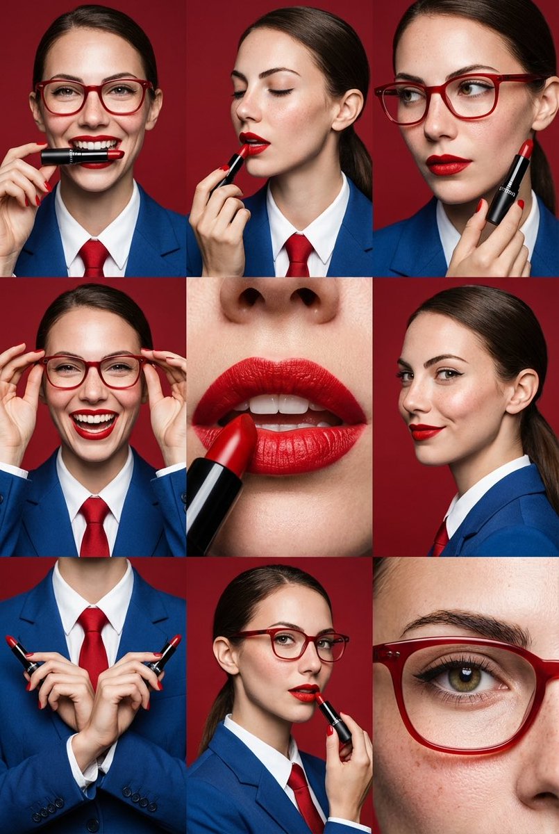 9-Panel Editorial Beauty Grid for Lipstick Commercial AI image template preview