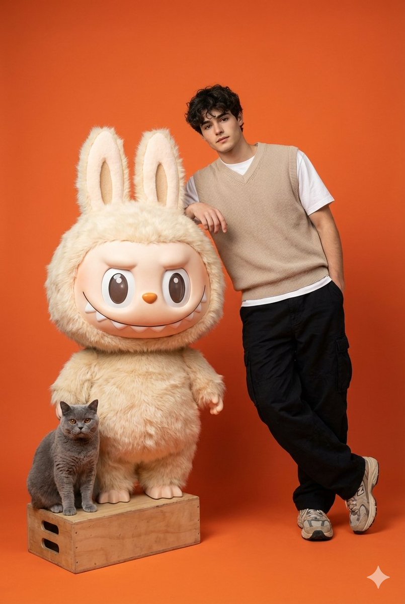 Gen-Z Streetwear Model with Labubu and British Shorthair AI image template preview