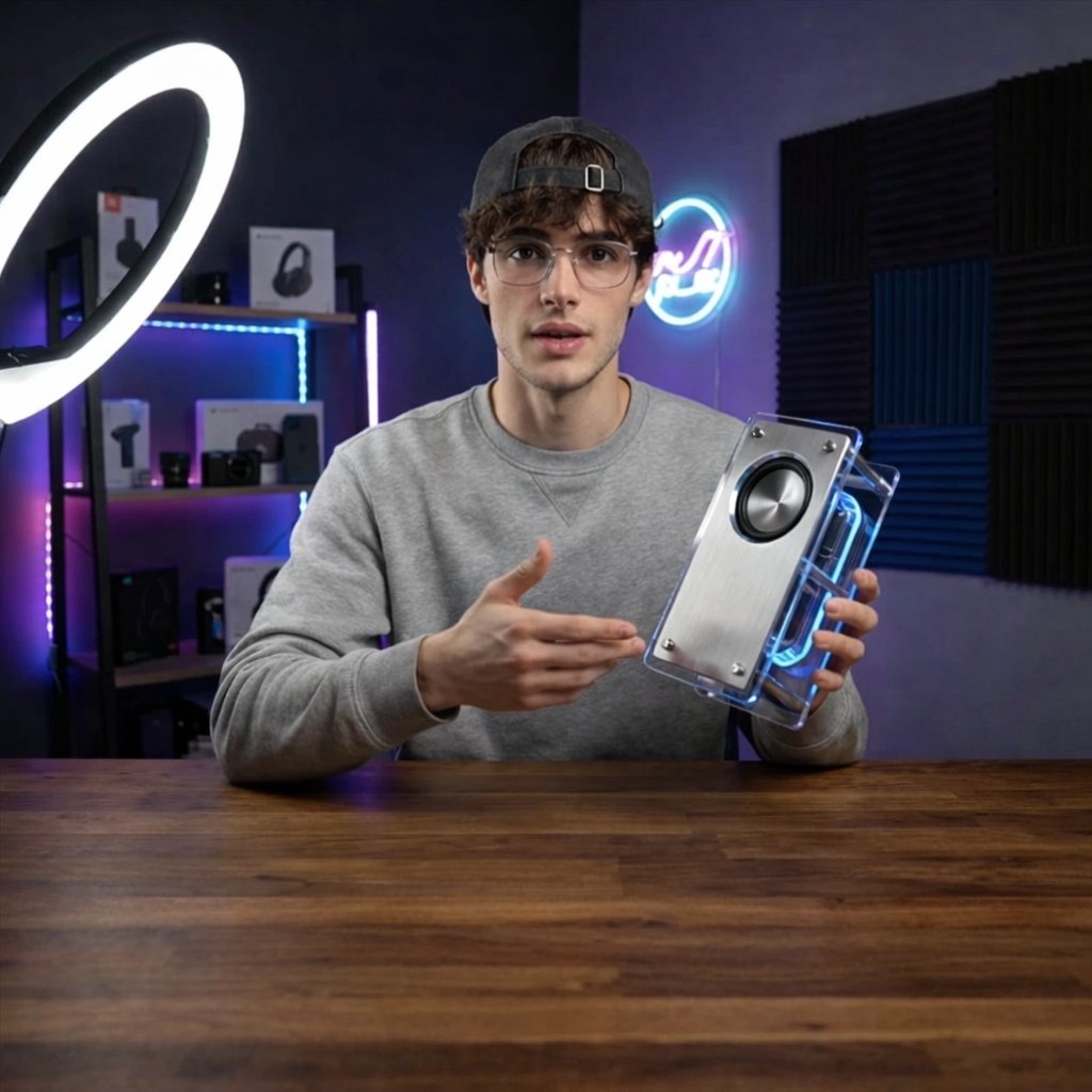 Tech YouTuber Demoing Bluetooth Speaker Video Prompt AI image template preview