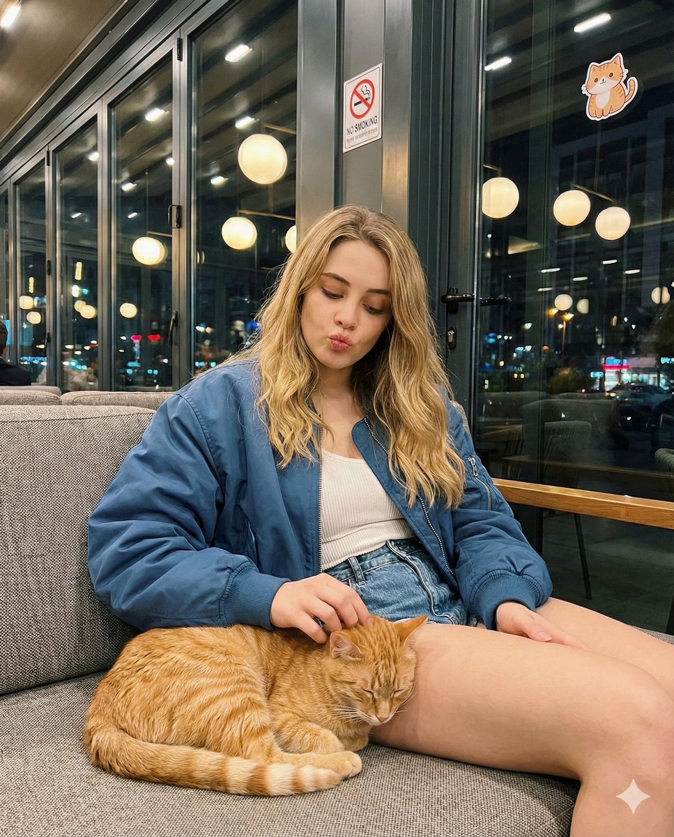 Candid cafe snapshot with a cat AI image template preview