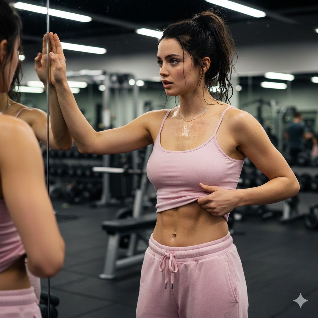 Hyper-realistic gym portrait with intense sweat and skin detail AI image template preview